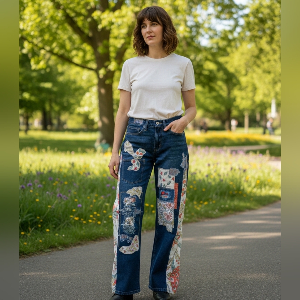 Levi Signature Patchwork Blue Jeans. Straight Leg Converted To Flare. 39x30
